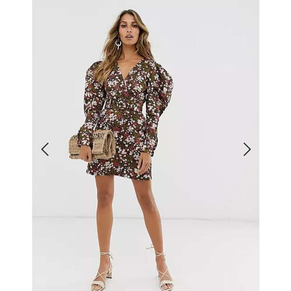 & Other Stories Extra Puff Sleeves Mini Dress Floral Pink Black Size 0 NWT - Picture 4 of 13